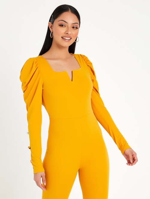 Buy Long Puff Sleeves Wide Leg Jumpsuit with Button Detail Yellow For Women Styli Saudi