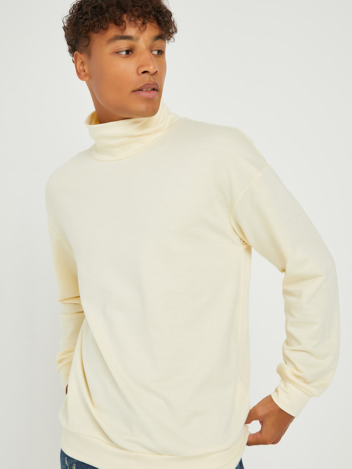 Buy Solid High Neck Sweatshirt with Cuffed Ribbed Detail Cream For Men Styli UAE