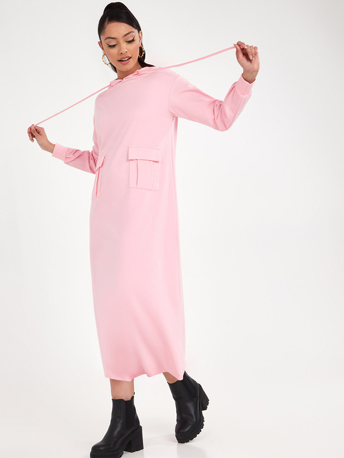 Buy Long Sleeves Hooded Maxi Dress with Pocket Detail Lilac For Women Styli Saudi