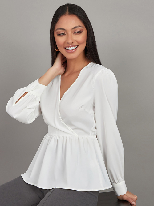 Buy Long Sleeves Plain V Neck Peplum Top White For Women Styli Kuwait