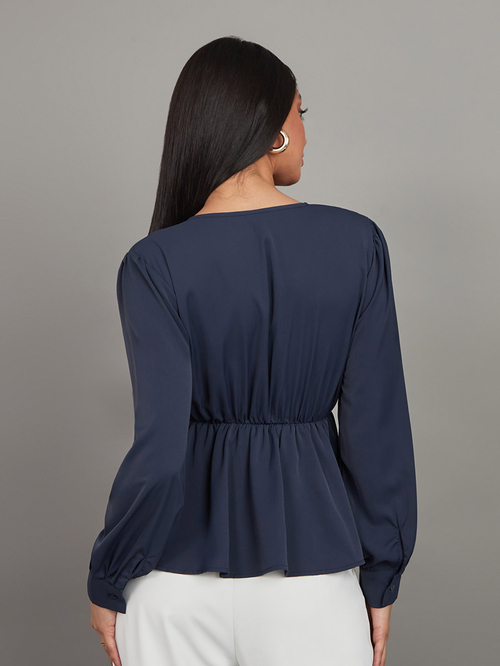 Buy Cuffed Sleeves V Neck Peplum Top Navy Blue For Women Styli UAE