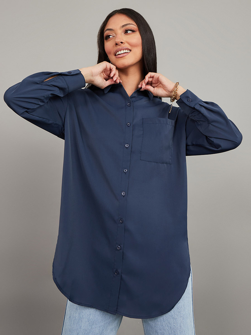 Buy Button Through Oversized Longline Shirt Navy Blue For Women Styli Saudi