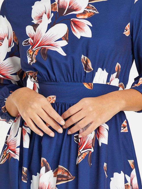Navy floral long sleeve pleated midi dress shop