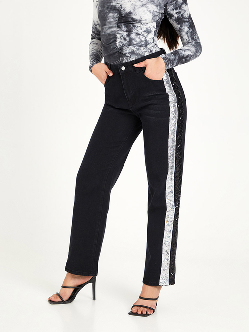 Black side stripe jeans womens deals