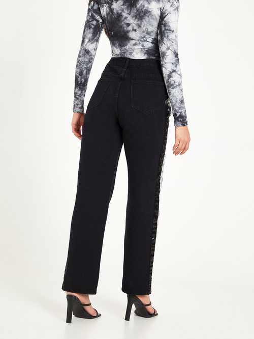 Buy Sequin Side Stripe High Rise Straight Leg Jeans Black For Women Styli Saudi