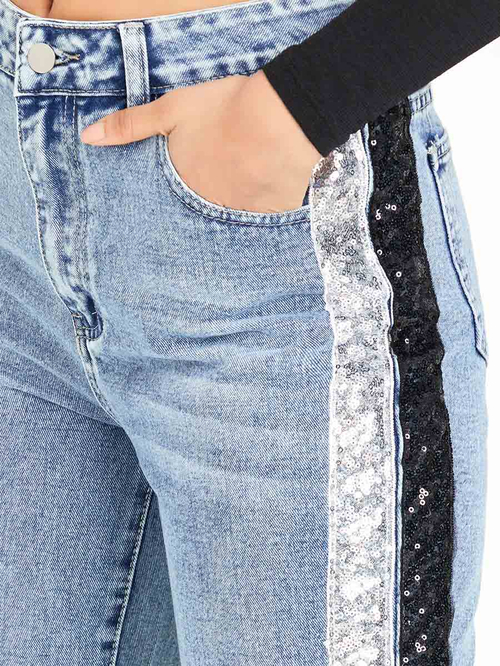 Buy Sequin Side Stripe High Rise Straight Leg Jeans Medium Blue For Women Styli Saudi