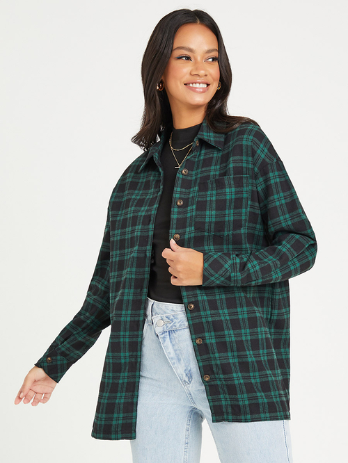 Buy Long Sleeves Checked Plaid Oversized Shirt with Patch Pocket Green For Women Styli UAE