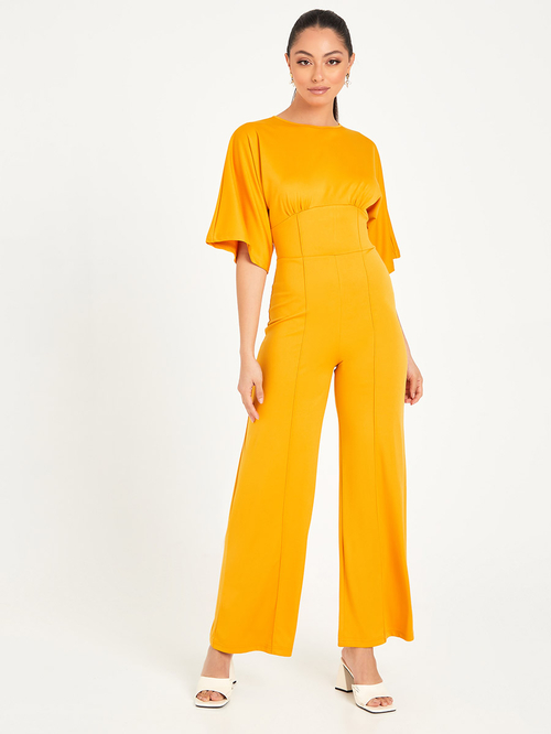 Buy Short Sleeves Corset Fit Wide Leg Jumpsuit Mustard For Women