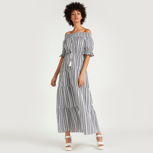 Striped off the shoulder maxi dress on sale