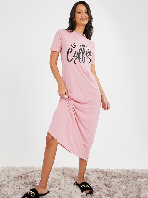Buy But First Coffee Slogan Print Sleep T Shirt Dress Pink For Women Styli Saudi