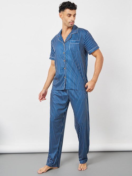 Buy Striped Piping Detail Shirt Pyjama Set Navy Blue For Men Styli Saudi