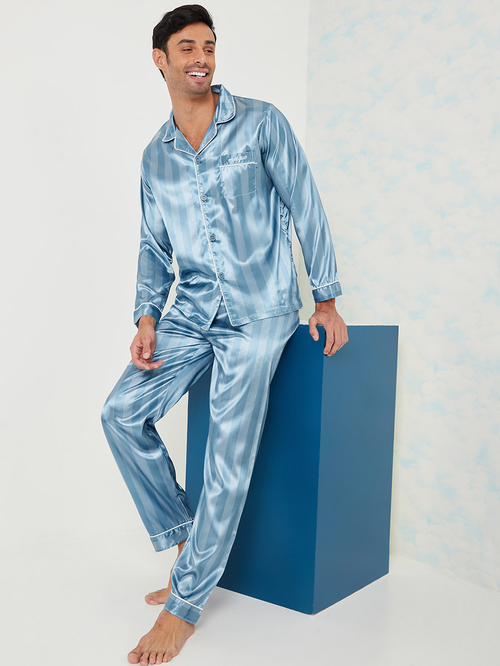 Buy Self Stripe Satin Shirt and Pyjama Set Light Blue For Men Styli Saudi