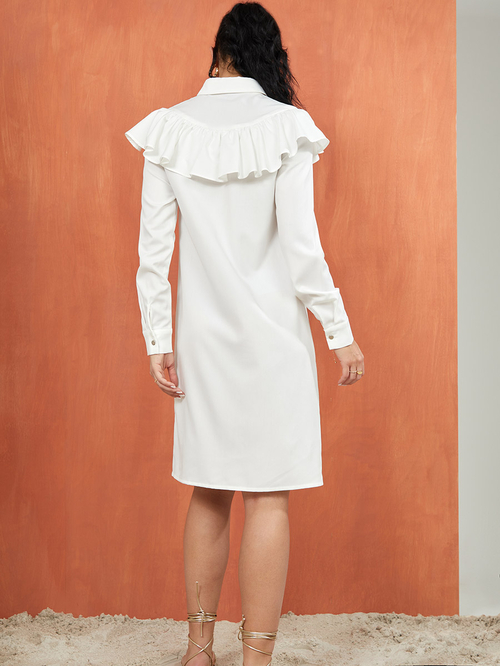 Buy Long Sleeves Ruffle Detail Shirt Knee Length Dress White For Women Styli UAE