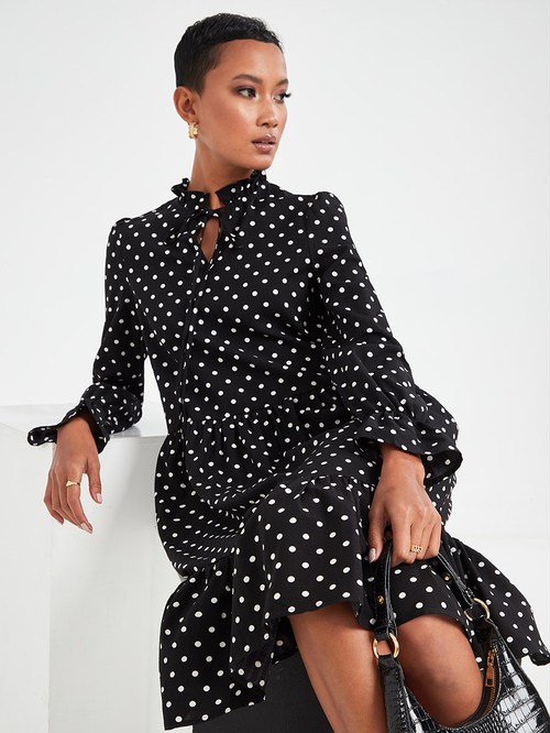 Buy Long Sleeves Polka Dot Print High Neck Knee Length Dress Black For Women Styli Saudi