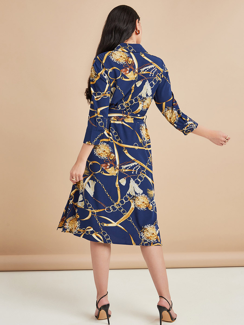 Buy 3 4 Sleeves Chain Print A Line Shirt Midi Dress Blue For Women Styli Saudi