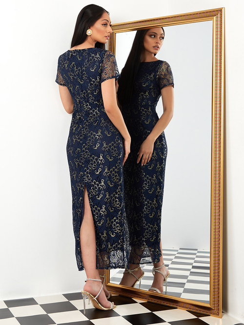 Buy Lace Overlay Sheath Maxi Dress with Back Slit Navy Blue For Women Styli Bahrain