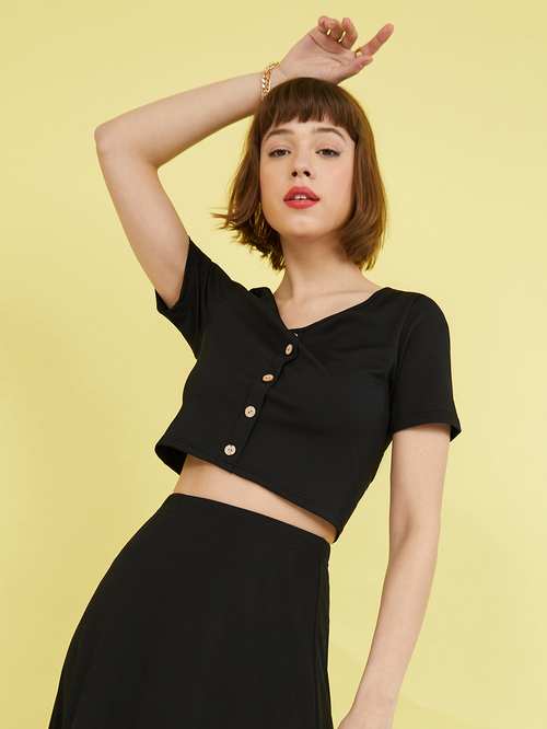 Buy Button Detail Knit Crop Top and A Line Maxi Skirt Co Ord Set Black For Women Styli Saudi