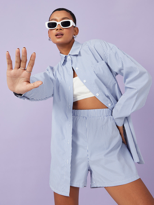Buy Stripe Button Through Longline Shirt and Shorts Co Ord Set Blue For Women Styli UAE