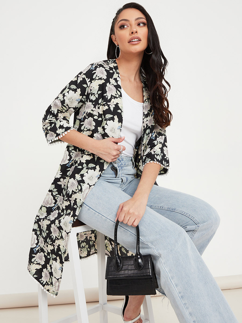 Buy 3 4 Sleeves Floral Print Knee Length Kimono Black For Women Styli Saudi