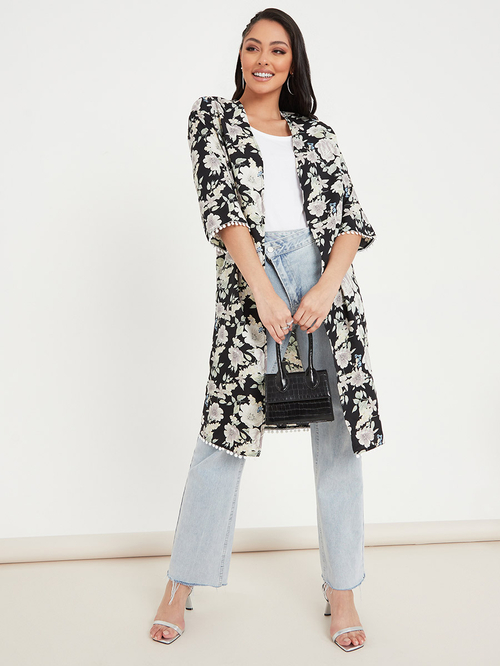 Buy 3 4 Sleeves Floral Print Knee Length Kimono Black For Women Styli Kuwait