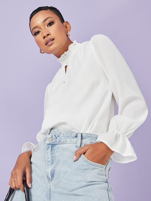 Frill Cuff Sleeves High Neck Keyhole Detail Blouse