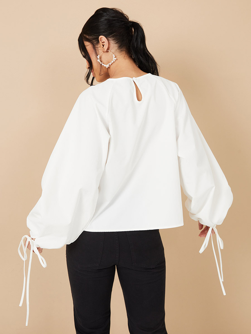 Buy Tie Cuff Balloon Sleeves Round Neck Top White For Women
