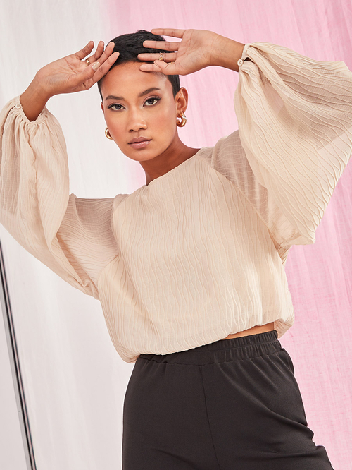 爆買い 英語 Buy Balloon For Cream Blouse Textured Waist Elastic Sleeves トップス