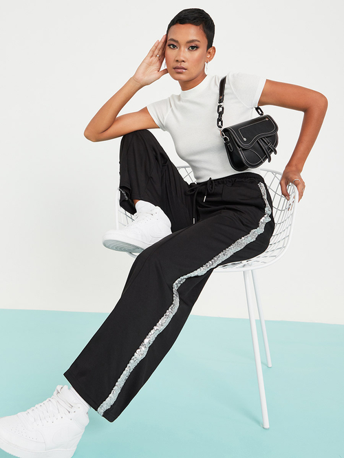 Buy Glitter Tape Side Stripe Trouser with Drawstring Black For Women Styli UAE