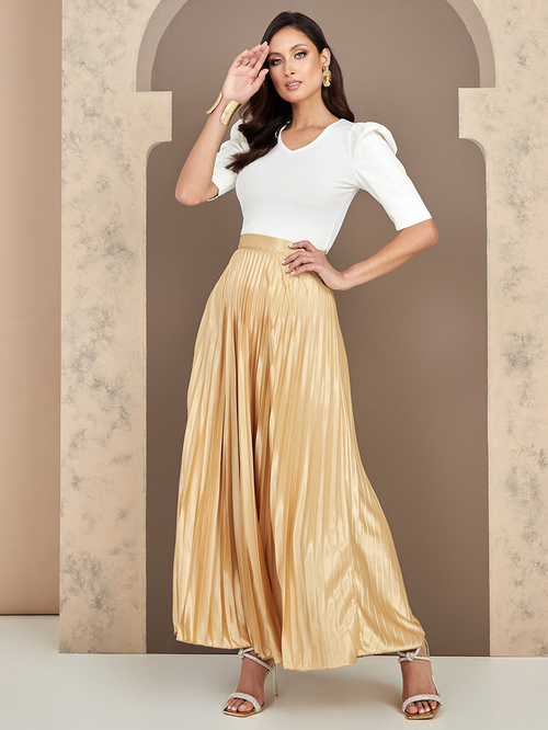 High waisted gold pleated skirt hot sale