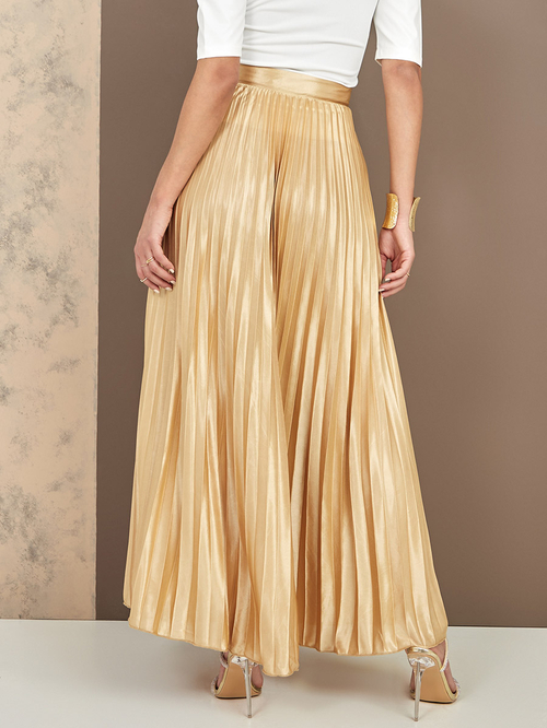 High waisted gold pleated skirt cheap
