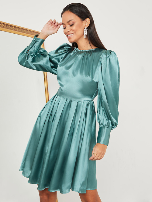 Buy Long Sleeves Round Neck Satin A Line Knee Length Dress Green For Women Styli Bahrain