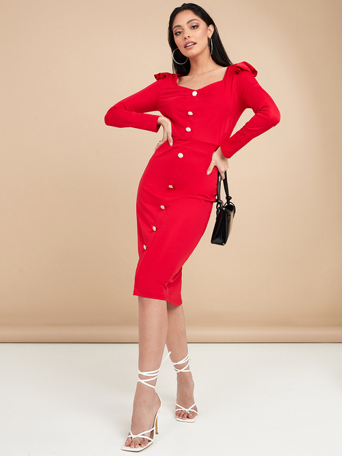 Buy Long Sleeves Sweetheart Neck Shoulder Ruffle Bodycon Midi Dress Red For Women Styli Saudi