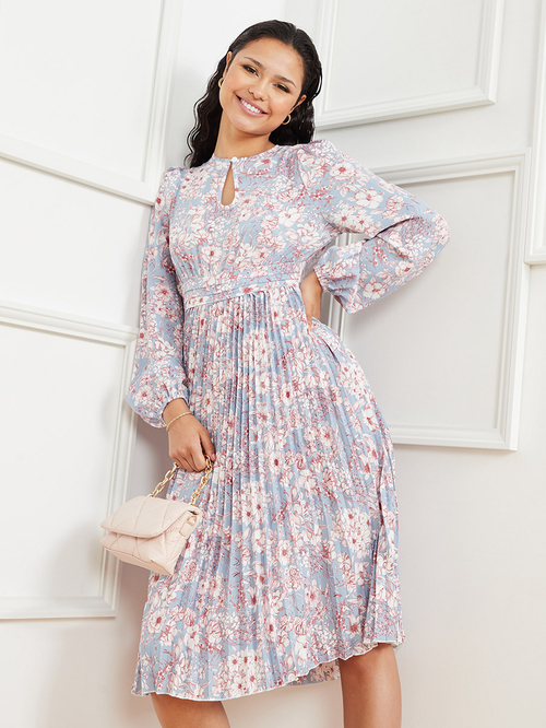Buy Long Sleeves Floral Print Pleated A Line Midi Dress Blue For Women Styli UAE