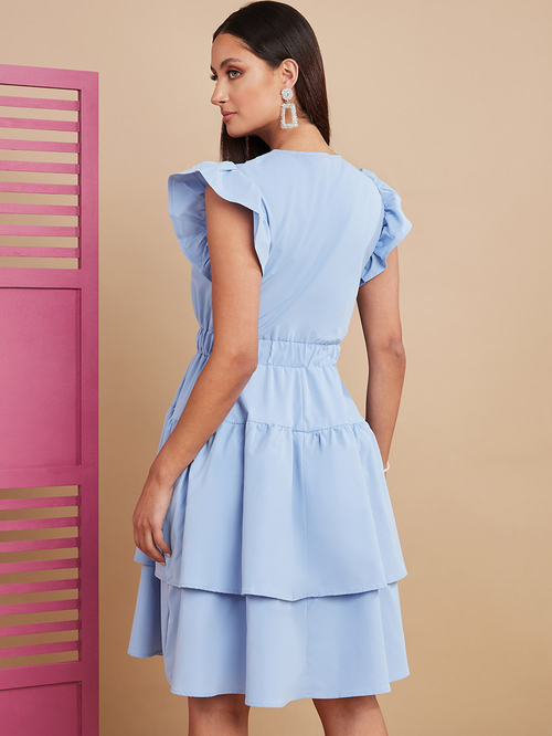 Buy Notch Neck Ruffled Sleeves Tiered Knee Length Dress Blue For Women Styli Saudi