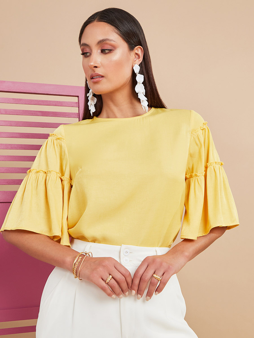 Yellow short sleeve blouse cheap
