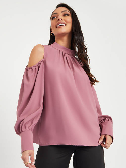 Buy Cold Shoulder High Neck Blouse Purple For Women Styli Saudi