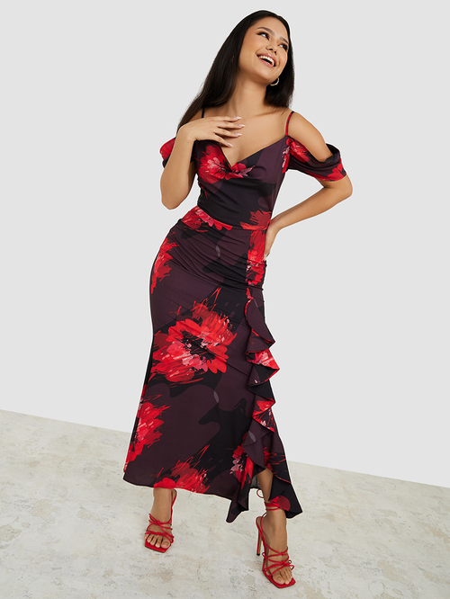Buy Cold Shoulder Floral A Line Maxi Dress with Ruffle Detail Maroon For Women Styli Saudi