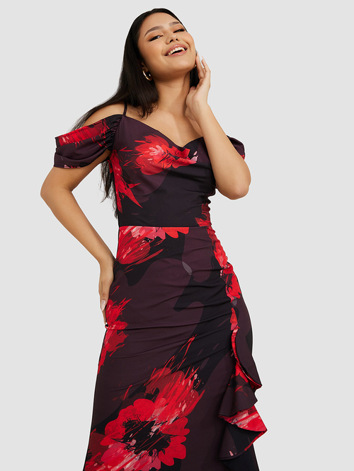 Buy Cold Shoulder Floral A Line Maxi Dress with Ruffle Detail Maroon For Women Styli Saudi