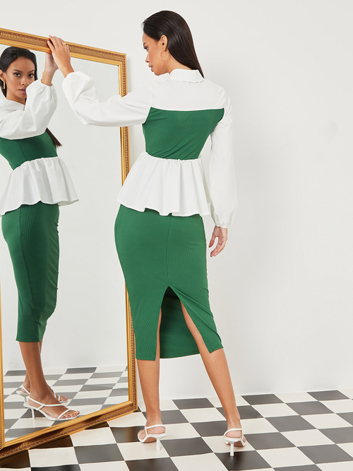 Buy Colorblock Peplum Top and Bodycon Midi Skirt Set Green For Women Styli Kuwait