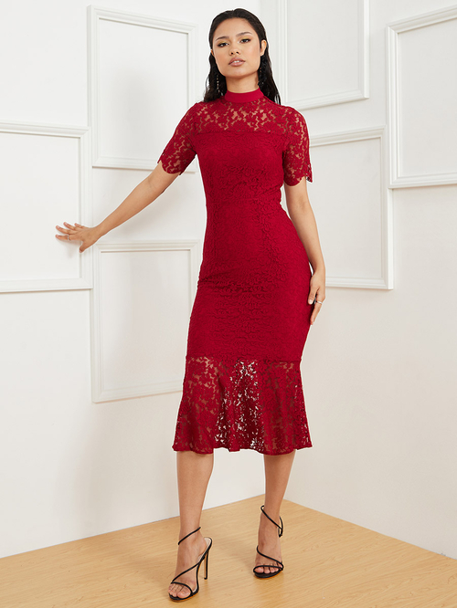 Short Sleeves Lace Insert High Neck Sheath Midi Dress