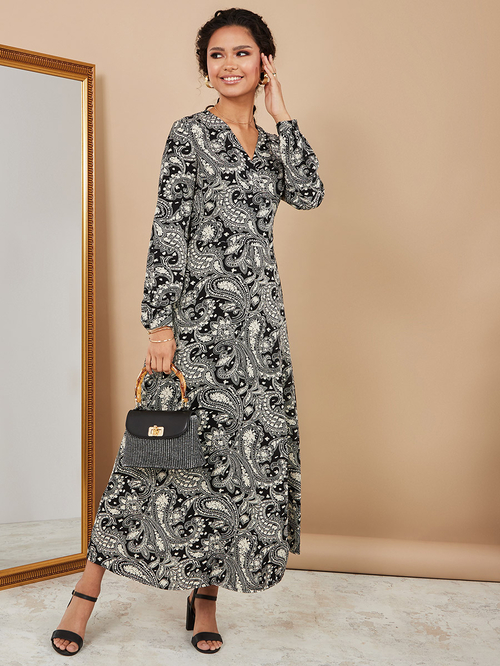Buy Long Sleeves V Neck Paisley Print A Line Wrap Maxi Dress Black For Women Styli Saudi
