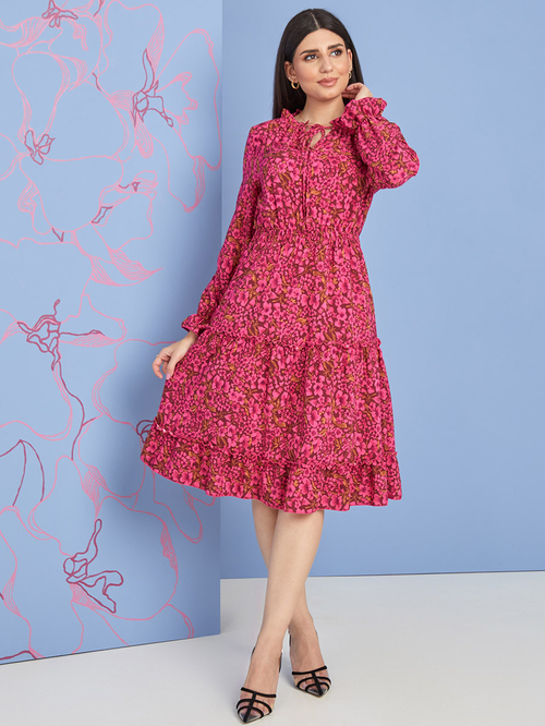 Buy Frill Cuff Long Sleeves Floral Print Tiered Knee Length Dress Pink For Women Styli UAE