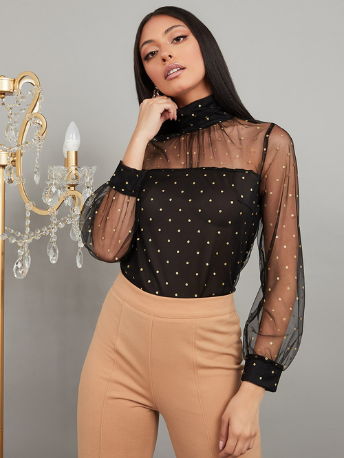 Buy Embellished High Neck Mesh Long Sleeves Knit Top Black For Women Styli Kuwait