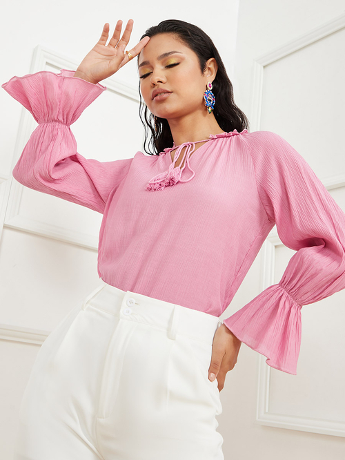Buy Ruffle Cuff Long Sleeves Textured Blouse Lilac For Women Styli Saudi