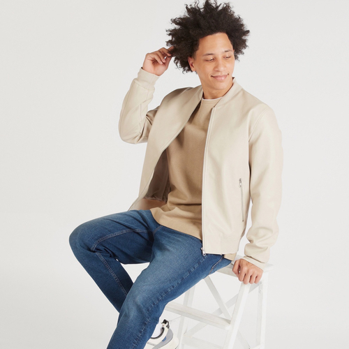 Buy Solid Faux Leather Bomber Jacket Beige For Men Styli Saudi