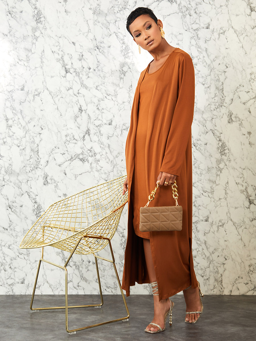 Buy Scoop Neck Midi Dress and Cardigan Co Ord Set Brown For Women Styli Kuwait