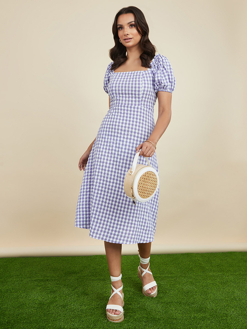 Square neck check dress on sale