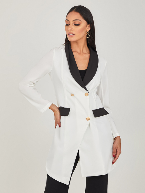 Buy Contrast Notch Lapel Longline Blazer with Buttons White For Women Styli UAE