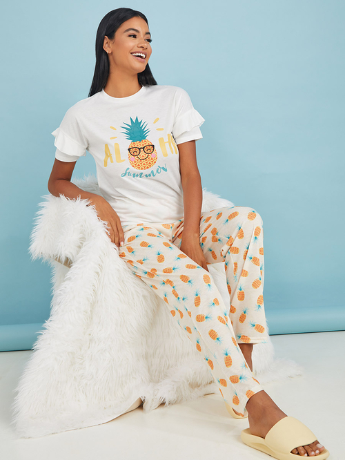 Buy Aloha Ruffle Sleeves T shirt and Pineapple Print Pyjama Set Multi For Women Styli Saudi