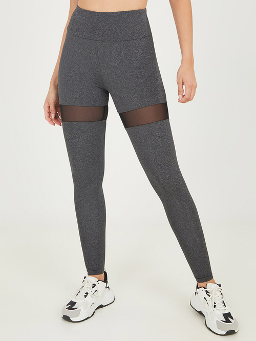 Buy Melange Contrast Stitch Detail with Contrast Mesh Leggings Charcoal For Women Styli UAE